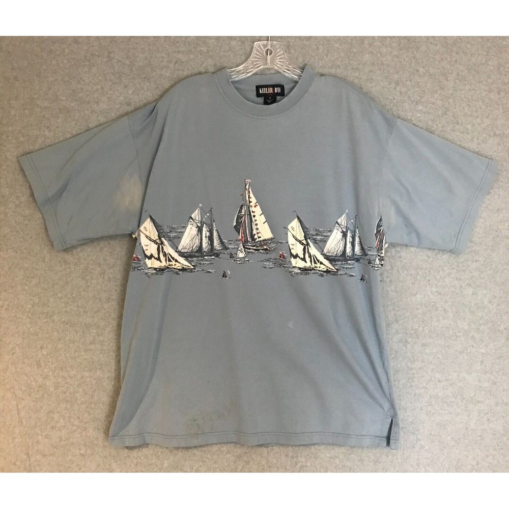 Keeler Bay Sail Boats art T-Shirt Mens Oversized Medium Faded‎ Blue Short Sleeve